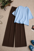 Sky-Blue Baggy Drop Shoulder Tee & Brown Flapper Trouser