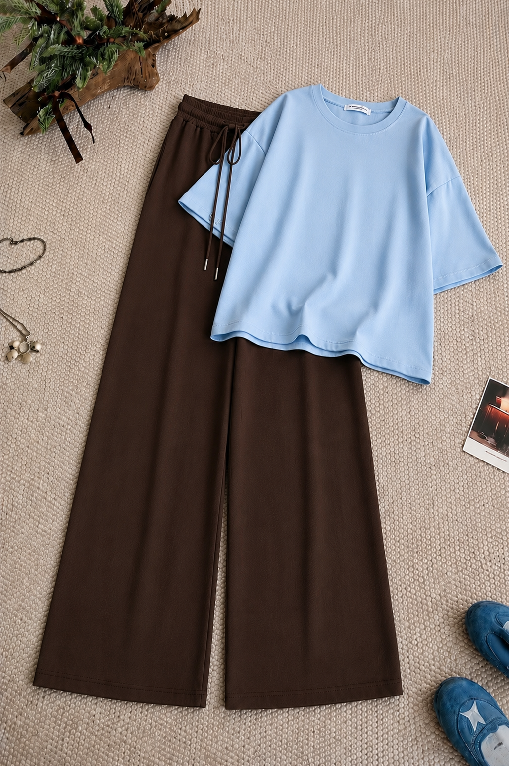Sky-Blue Baggy Drop Shoulder Tee & Brown Flapper Trouser