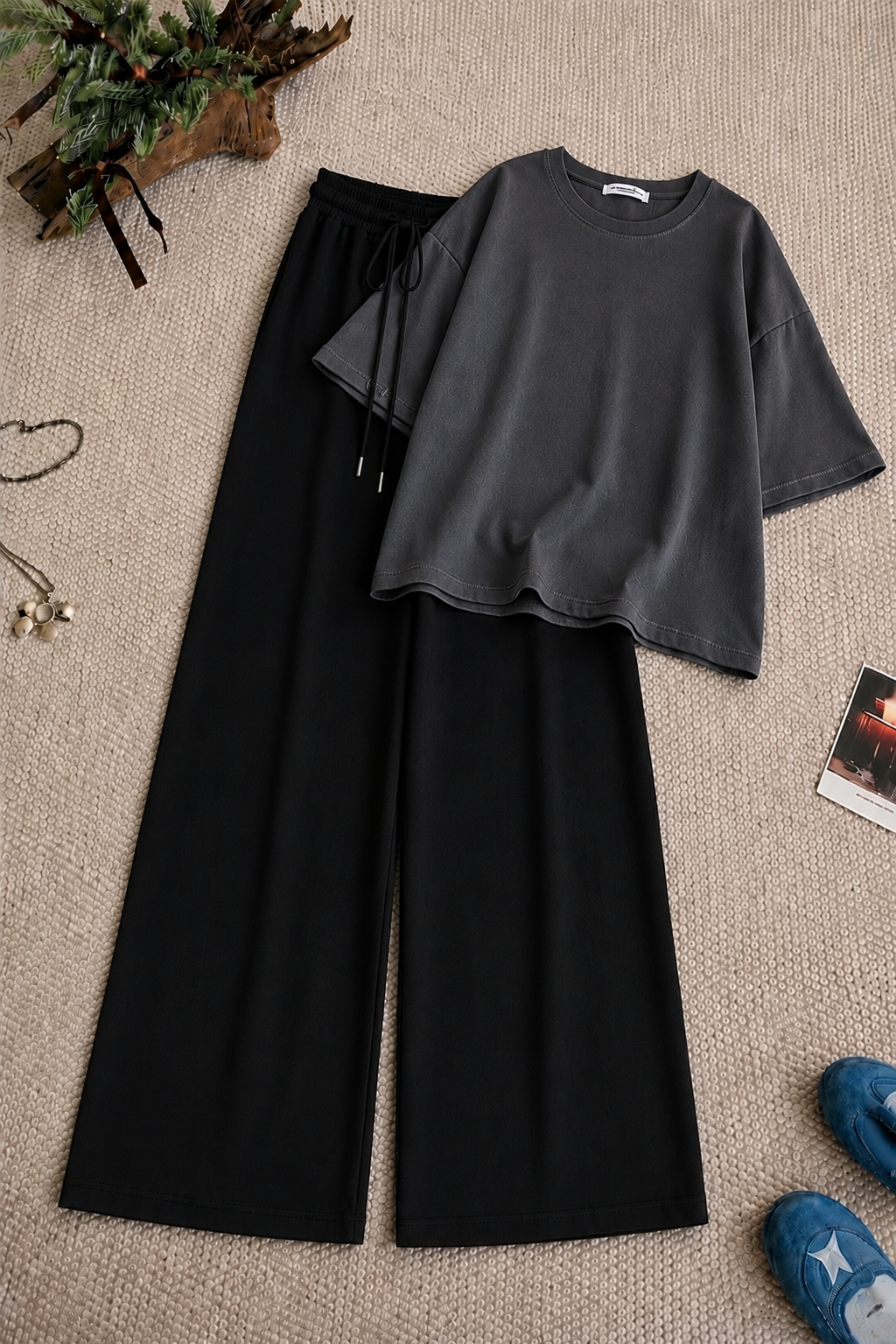 Charcoal Baggy Drop Shoulder Tee & Black Flapper Trouser