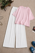 Baby-Pink Baggy Drop Shoulder Tee & White Flapper Trouser