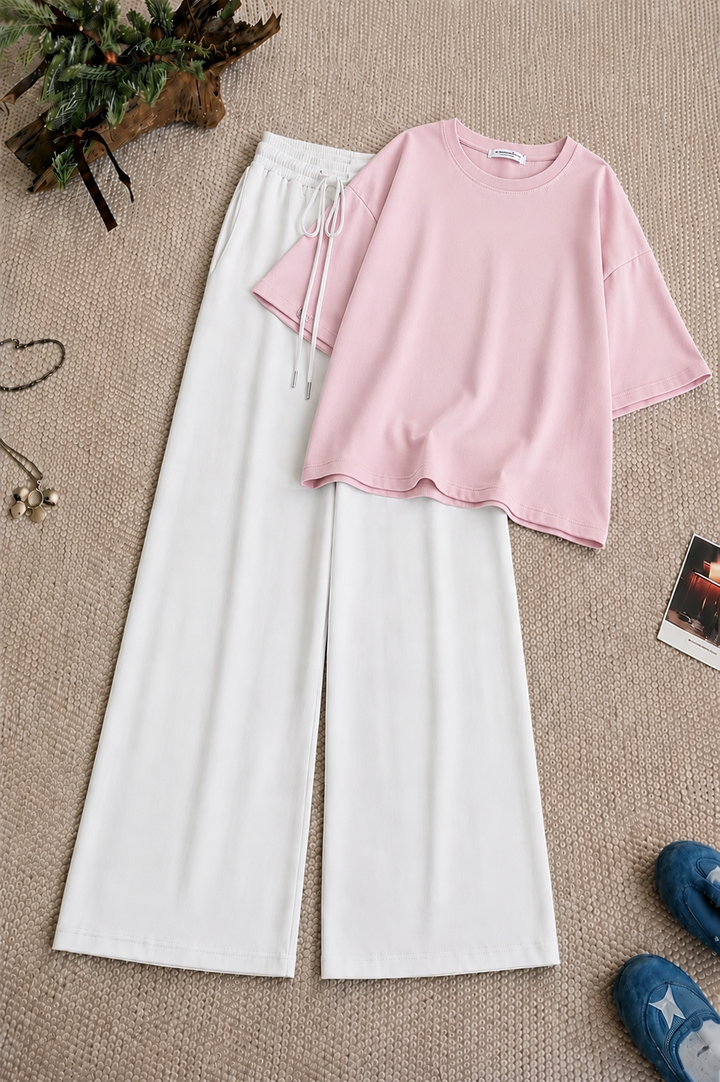Baby-Pink Baggy Drop Shoulder Tee & White Flapper Trouser