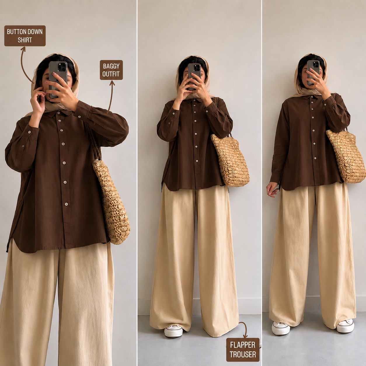 Brown Button Down Shirt & Beige Flapper Trouser