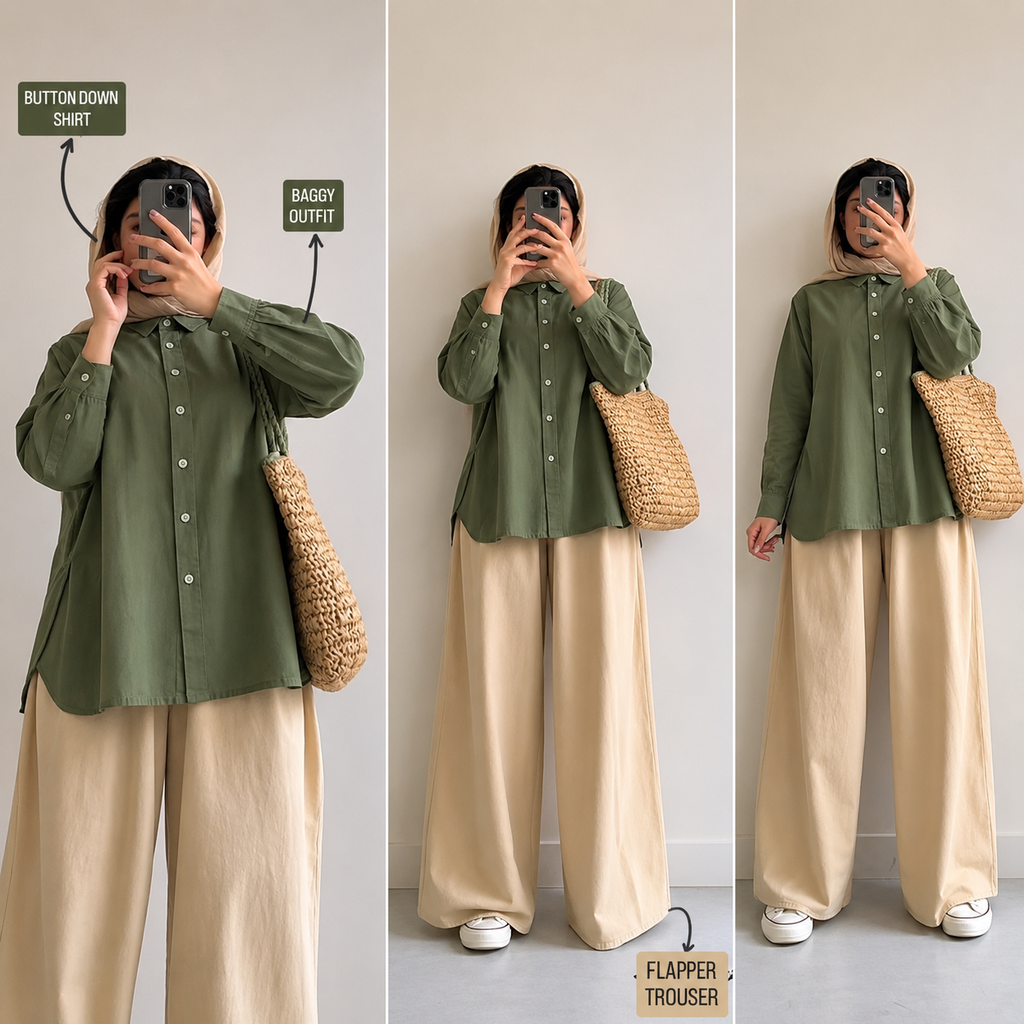 Olive-Green Button Down Shirt & Beige Flapper Trouser