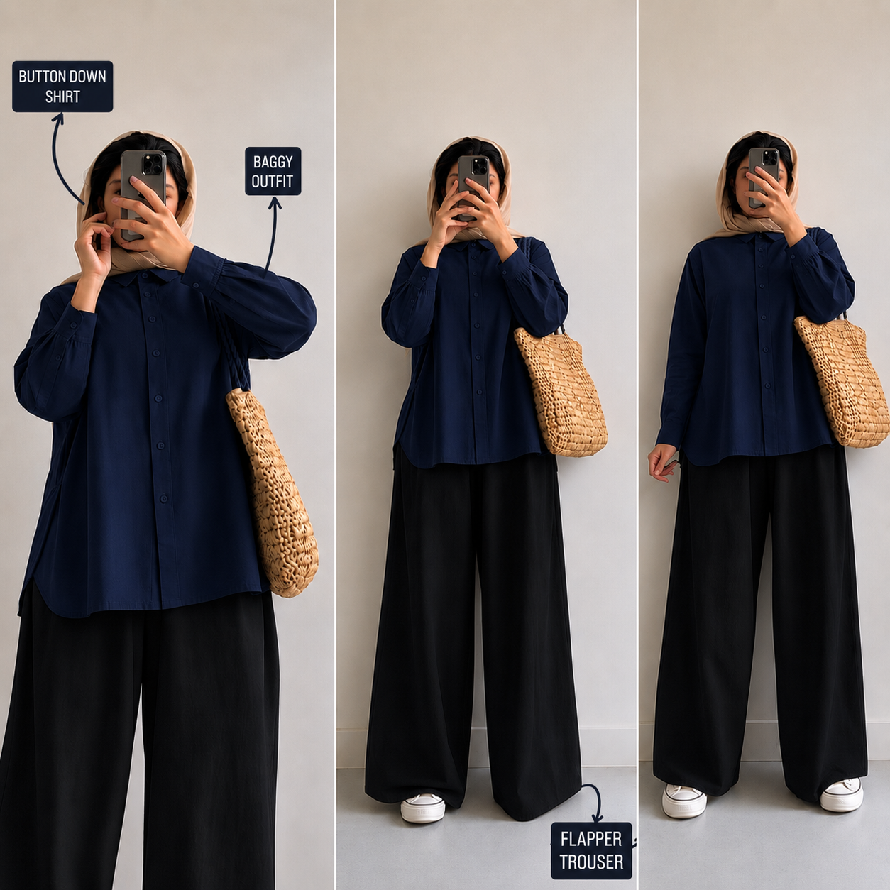 Navy-Blue Button Down Shirt & Black Flapper Trouser