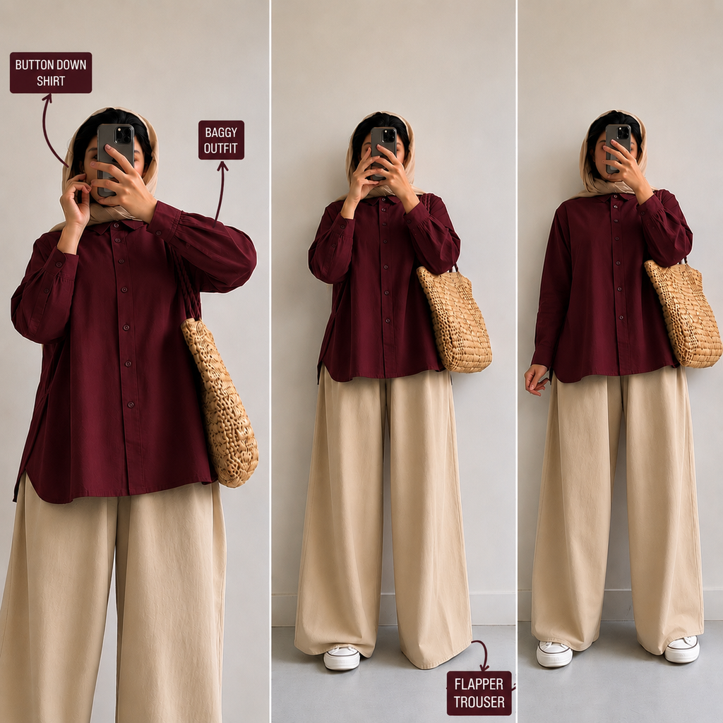 Maroon Button Down Shirt & Beige Flapper Trouser