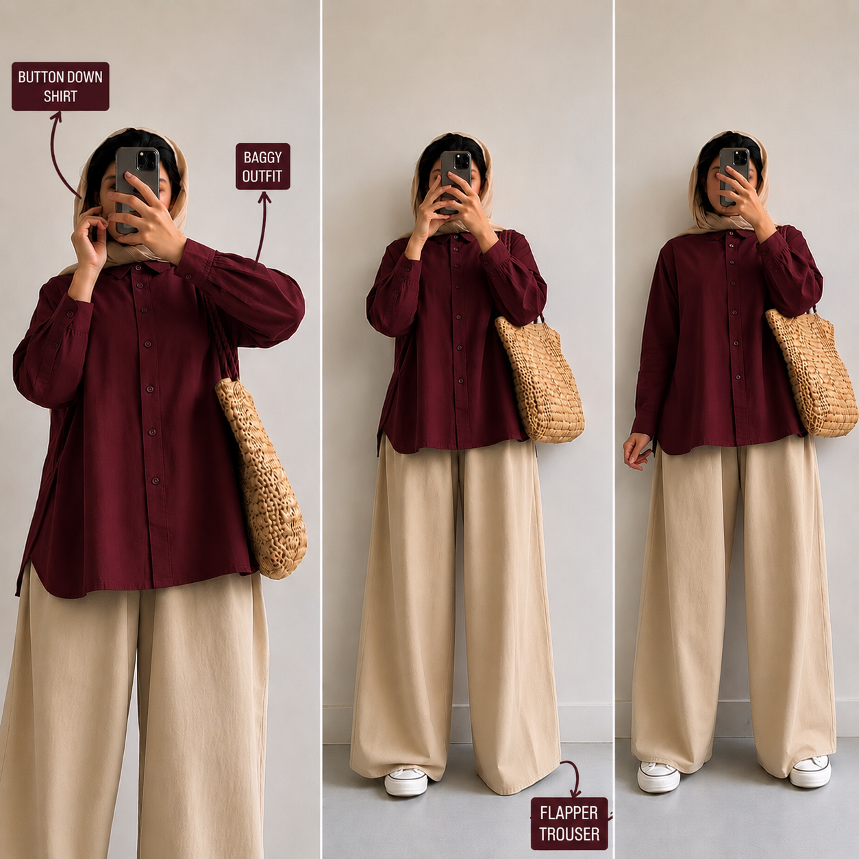 Maroon Button Down Shirt & Beige Flapper Trouser