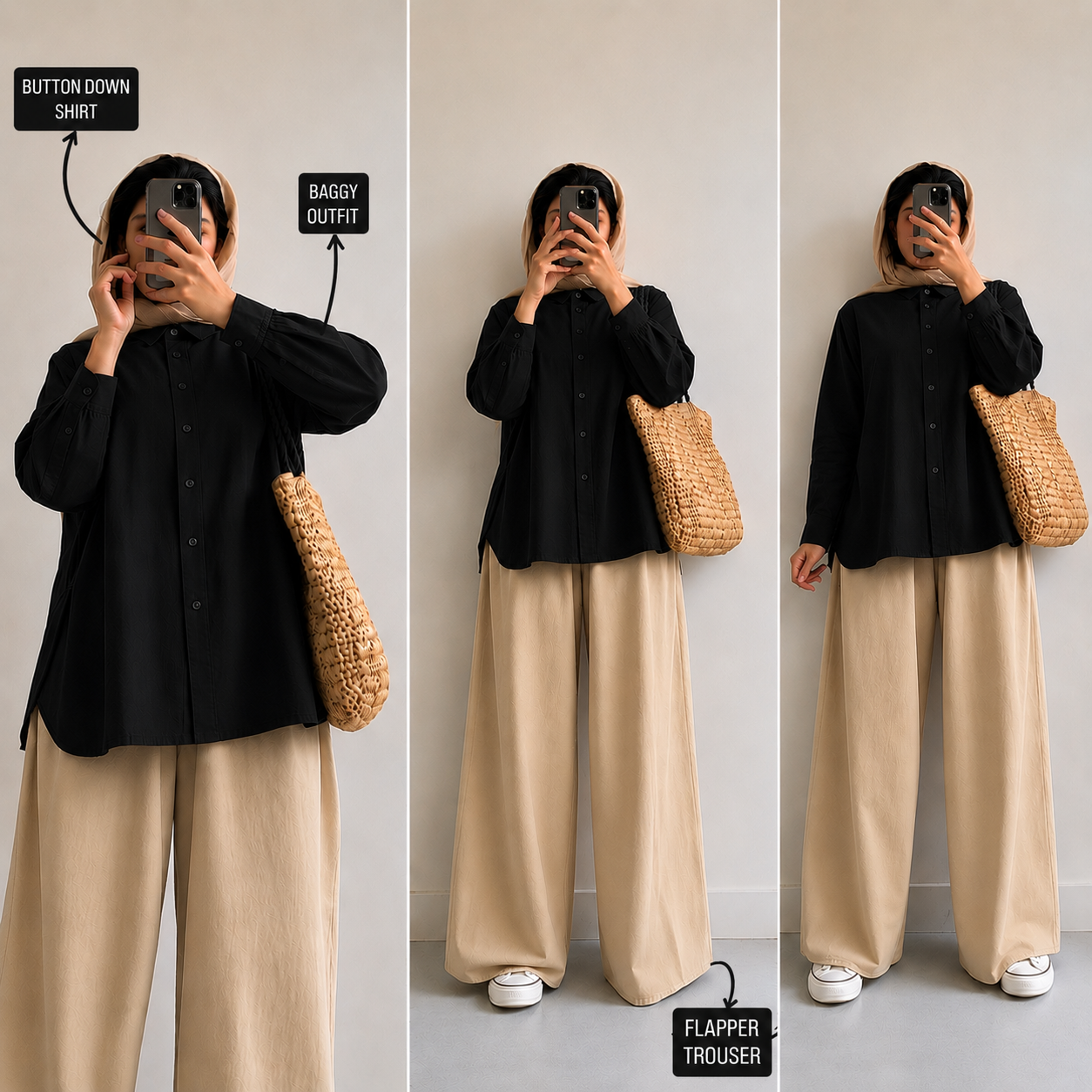 Black Button Down Shirt & Beige Flapper Trouser