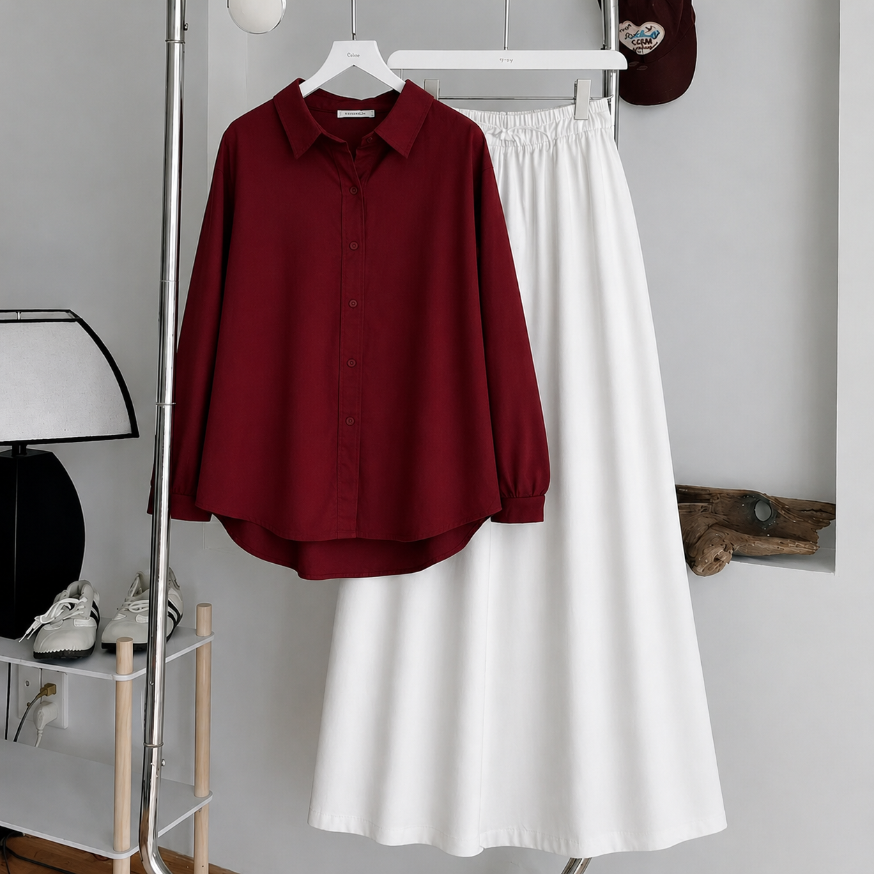 Maroon Button-Down Shirt & White Flowy Maxi Skirt