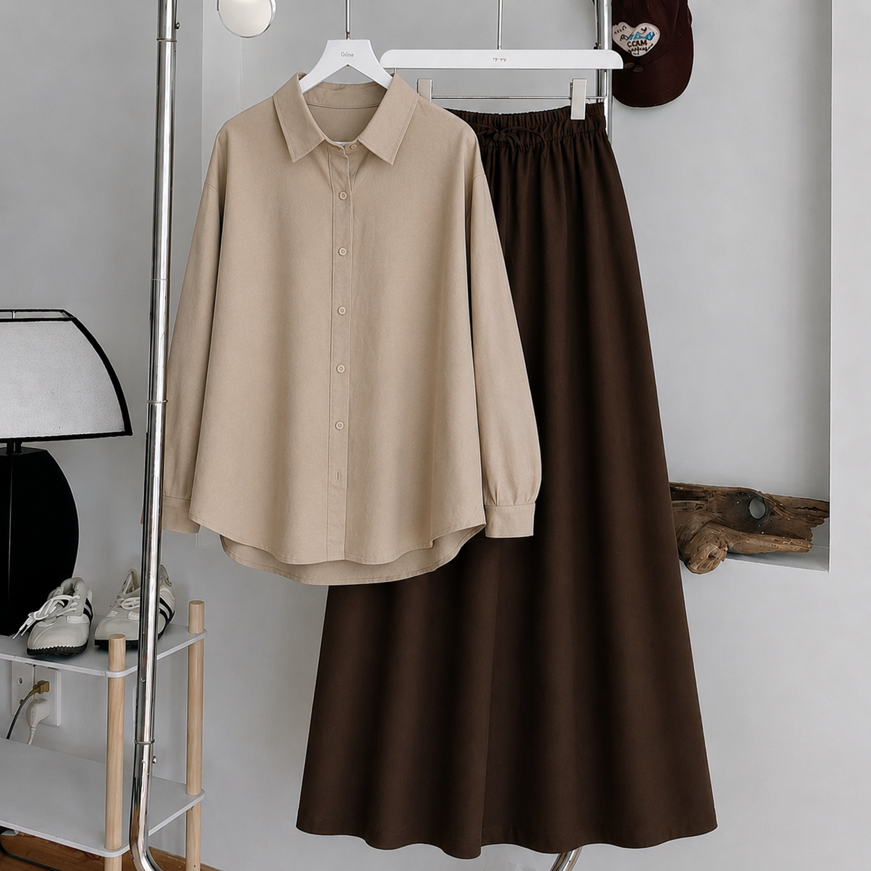 Beige Button-Down Shirt & Brown Flowy Maxi Skirt