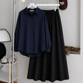 Navy-Blue Button-Down Shirt & Black Flowy Maxi Skirt
