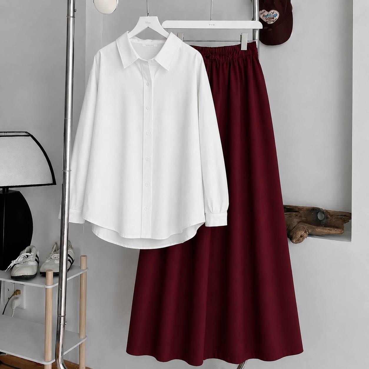 White Button-Down Shirt & Maroon Flowy Maxi Skirt