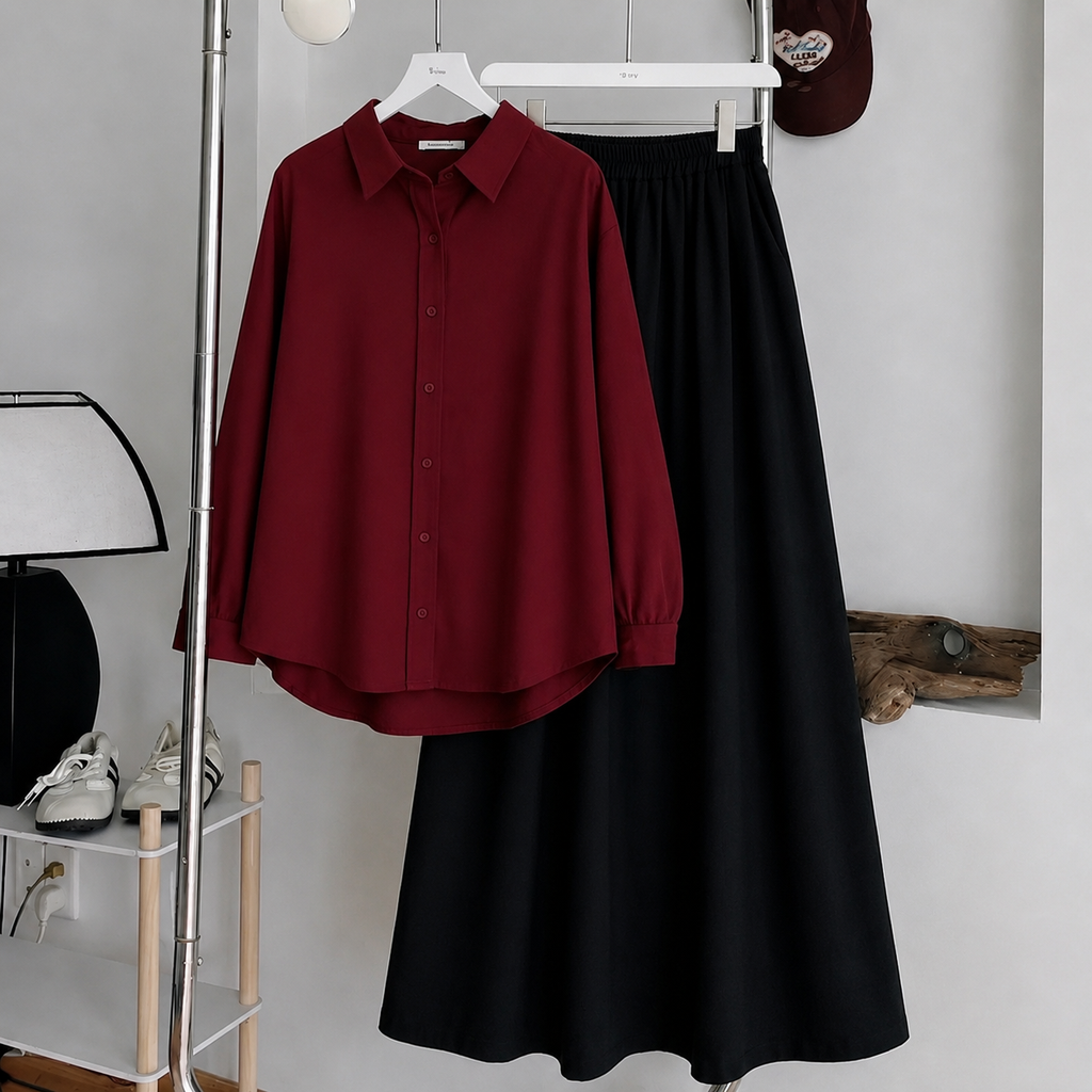 Maroon Button-Down Shirt & Black Flowy Maxi Skirt