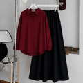 Maroon Button-Down Shirt & Black Flowy Maxi Skirt