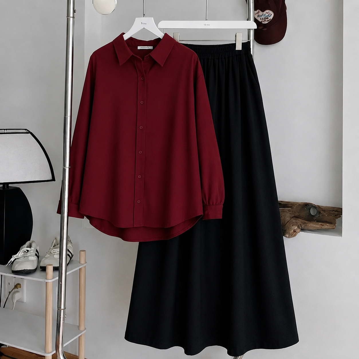 Maroon Button-Down Shirt & Black Flowy Maxi Skirt