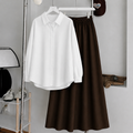 White Button-Down Shirt & Brown Flowy Maxi Skirt