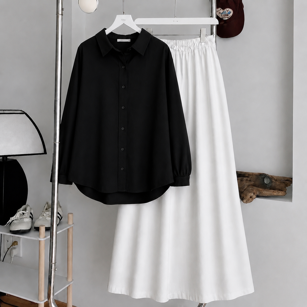 Black Button-Down Shirt & White Flowy Maxi Skirt