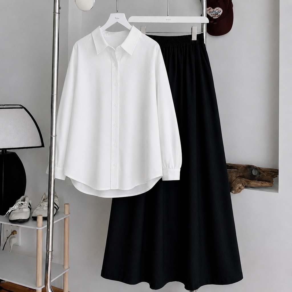 White Button-Down Shirt & Black Flowy Maxi Skirt