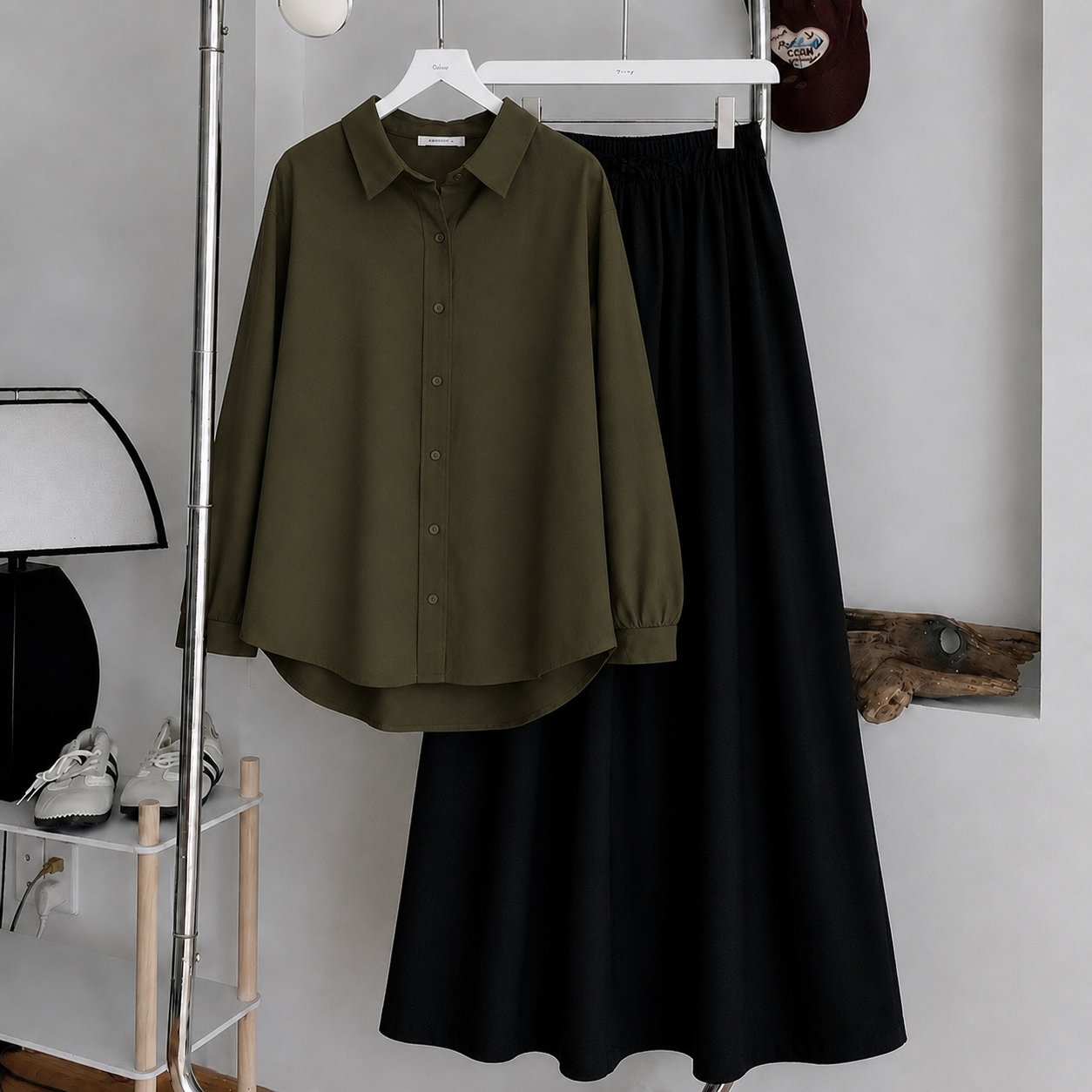 Olive-Green Button-Down Shirt & Black Flowy Maxi Skirt