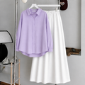 Lilac Button-Down Shirt & White Flowy Maxi Skirt