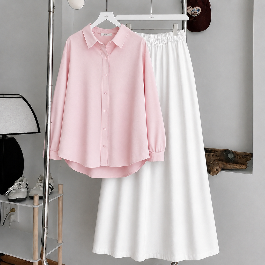 Baby-Pink Button-Down Shirt & White Flowy Maxi Skirt