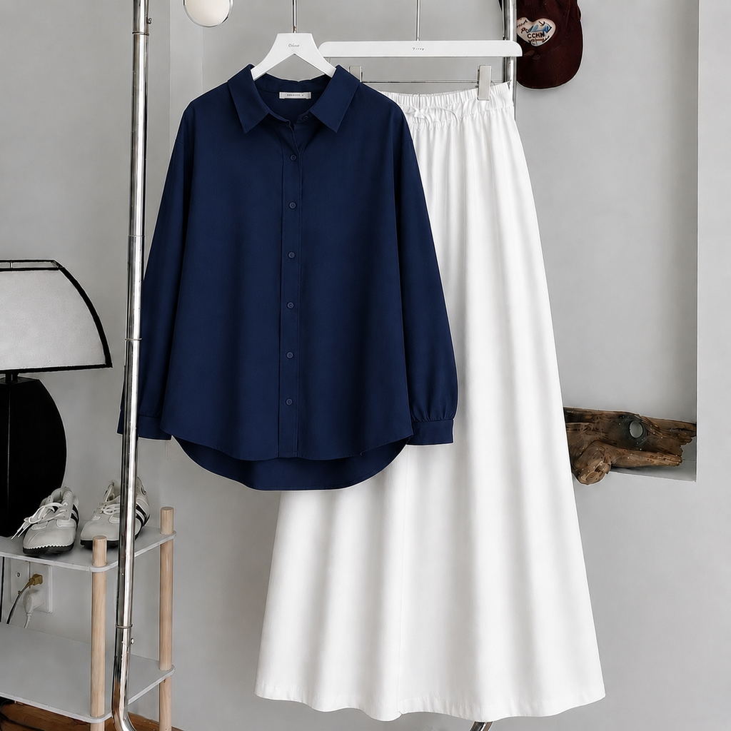 Navy-Blue Button-Down Shirt & White Flowy Maxi Skirt