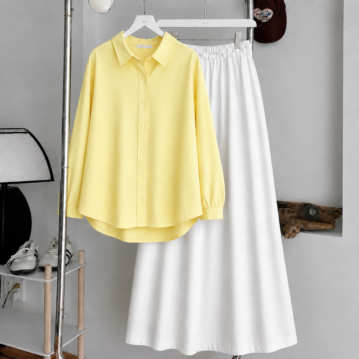 Butter Yellow Button-Down Shirt & White Flowy Maxi Skirt