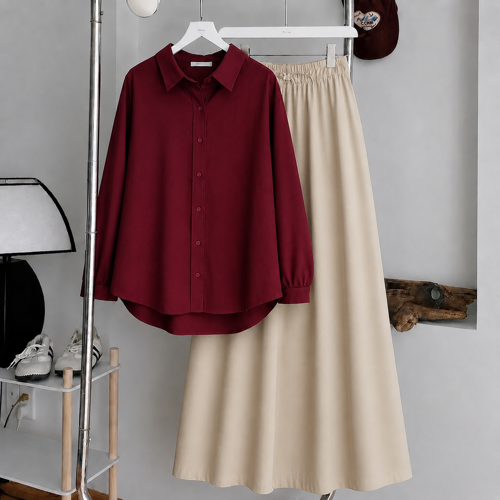 Maroon Button-Down Shirt & Beige Flowy Maxi Skirt