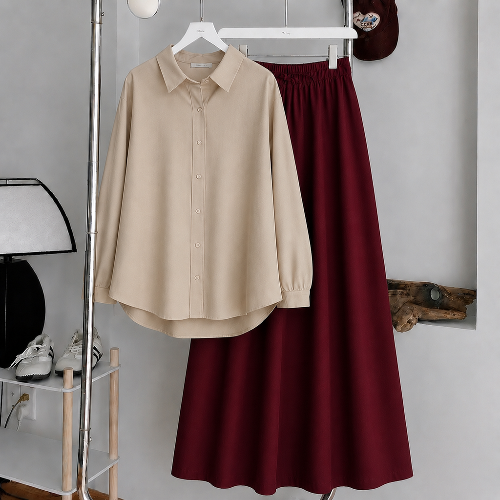 Beige Button-Down Shirt & Maroon Flowy Maxi Skirt