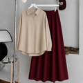 Beige Button-Down Shirt & Maroon Flowy Maxi Skirt