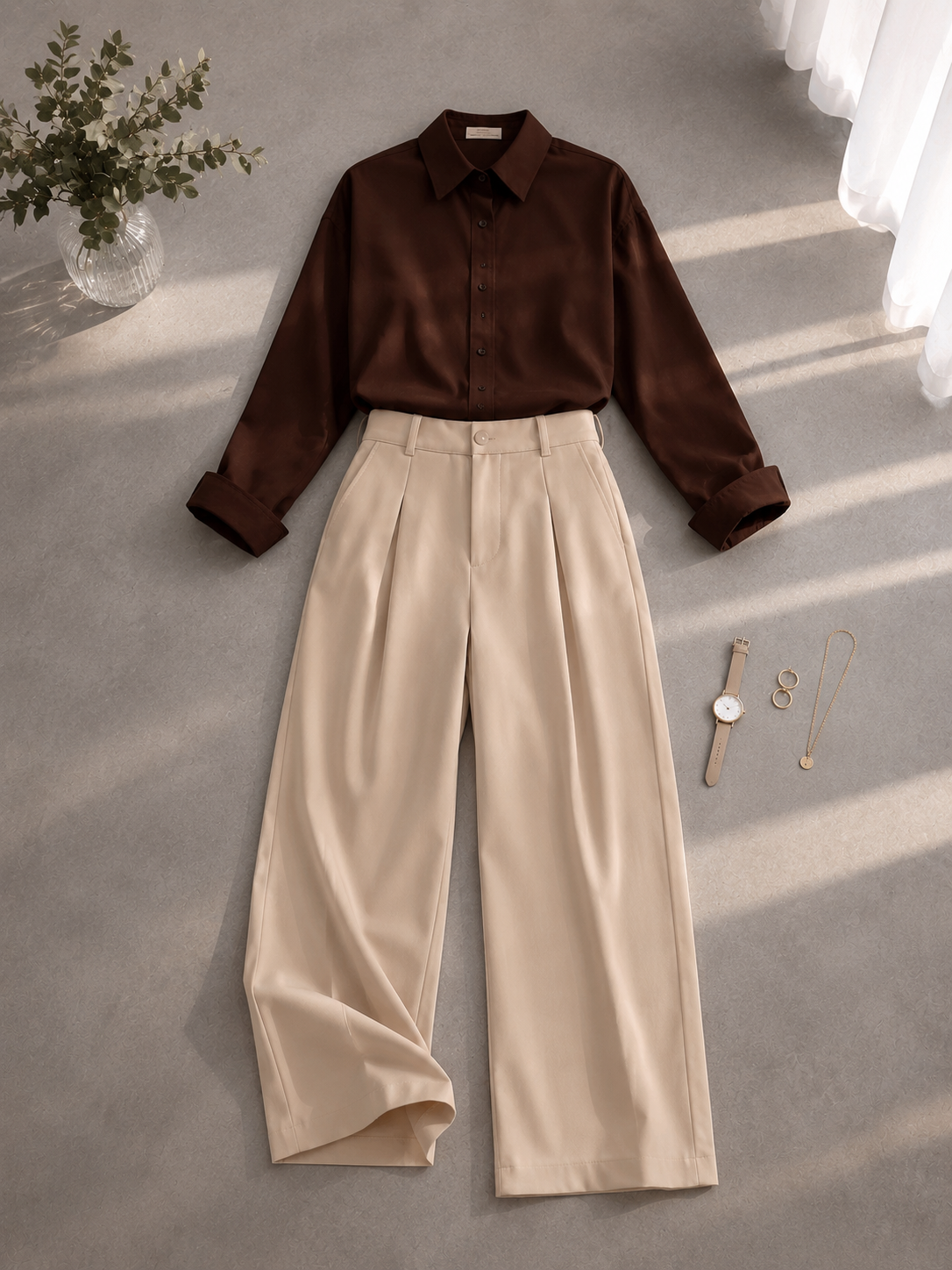 Brown Button Down Shirt & Beige Formal Pants