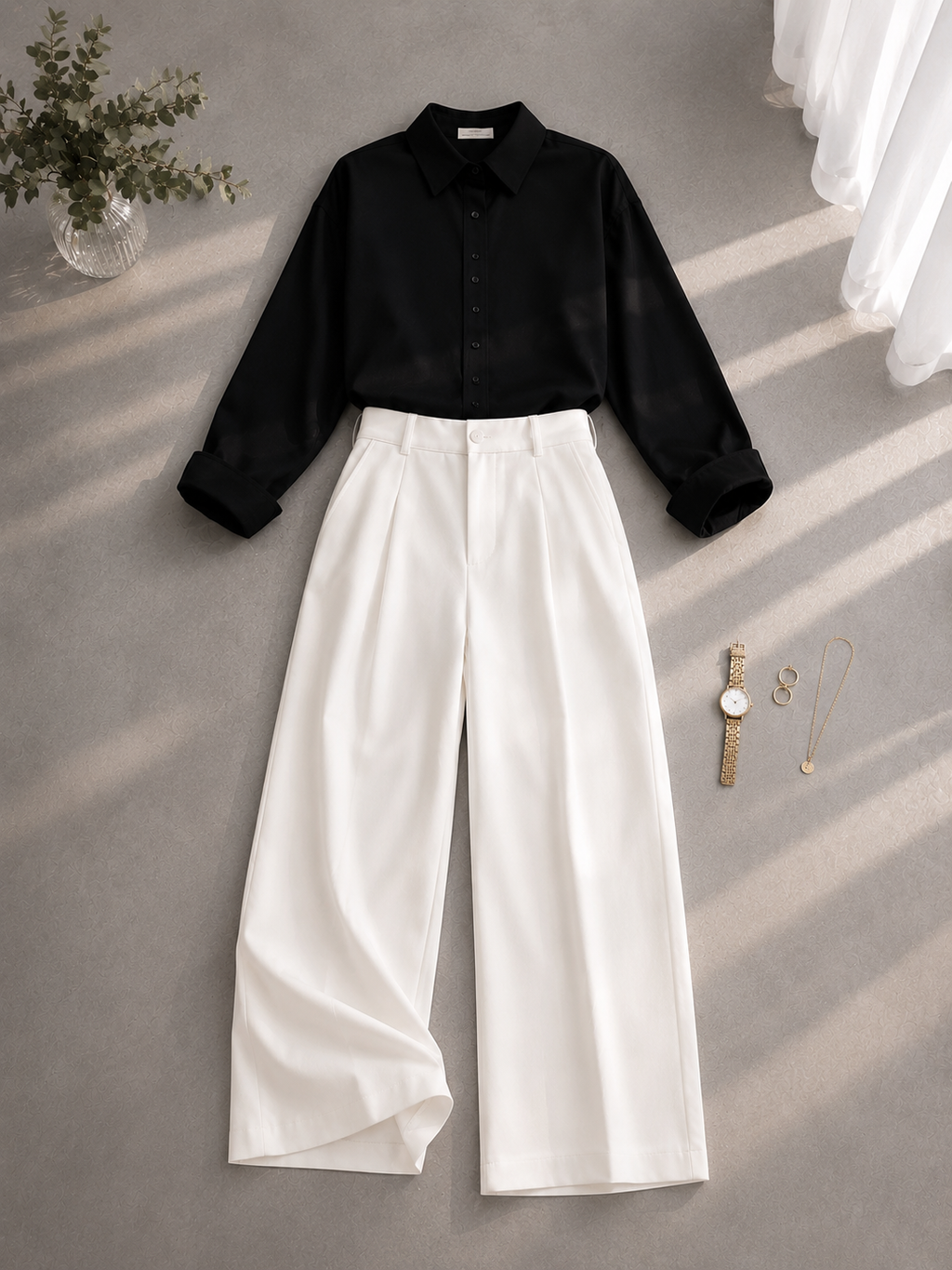 Black Button Down Shirt & White Formal Pants