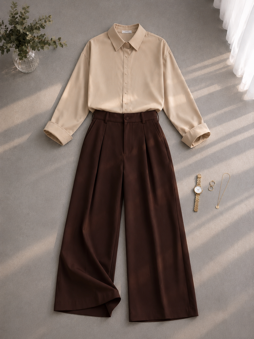 Beige Button Down Shirt & Brown Formal Pants