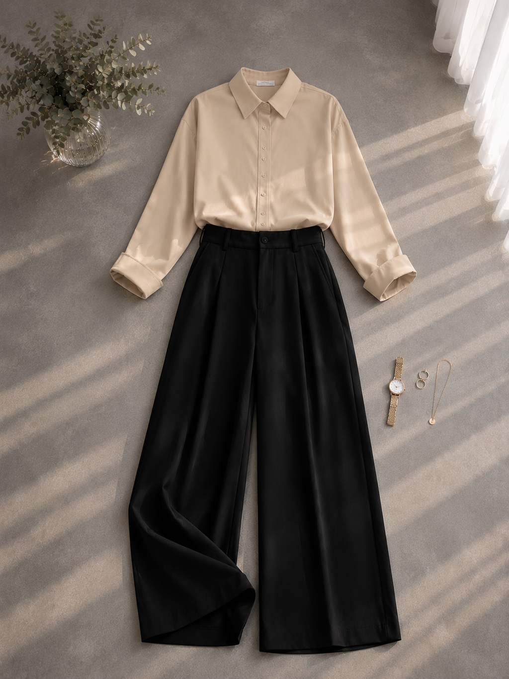 Beige Button Down Shirt & Black Formal Pants