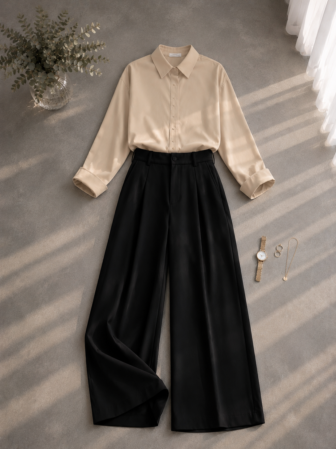 Beige Button Down Shirt & Black Formal Pants