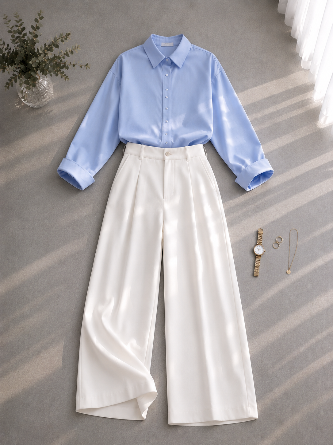 Sky-Blue Button Down Shirt & White Formal Pants