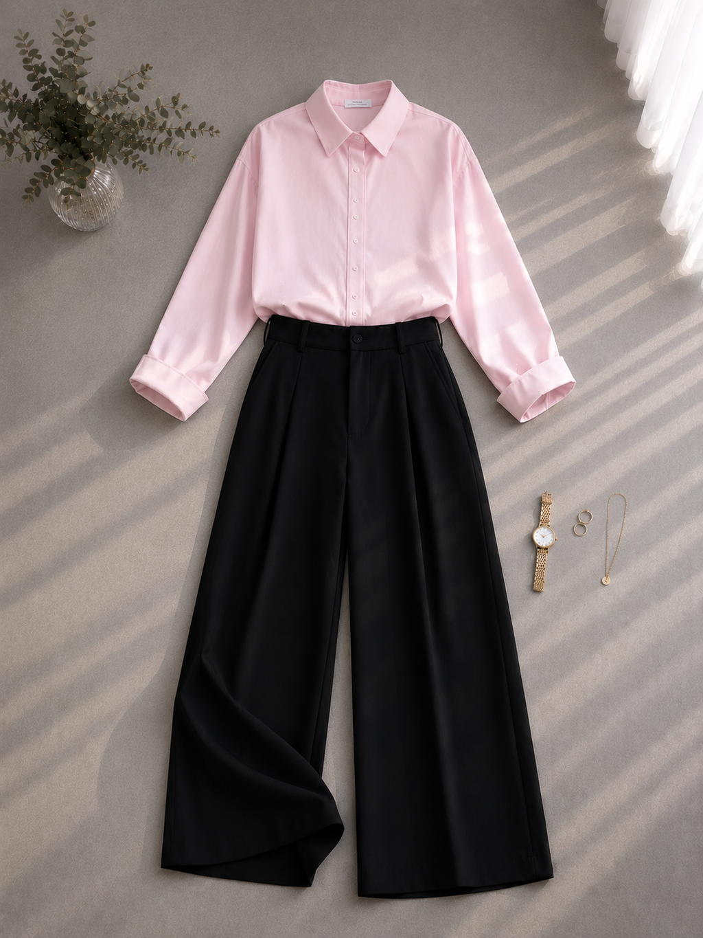 Baby-Pink Button Down Shirt & Black Formal Pants