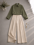 Olive Green Button Down Shirt & Beige Formal Pants