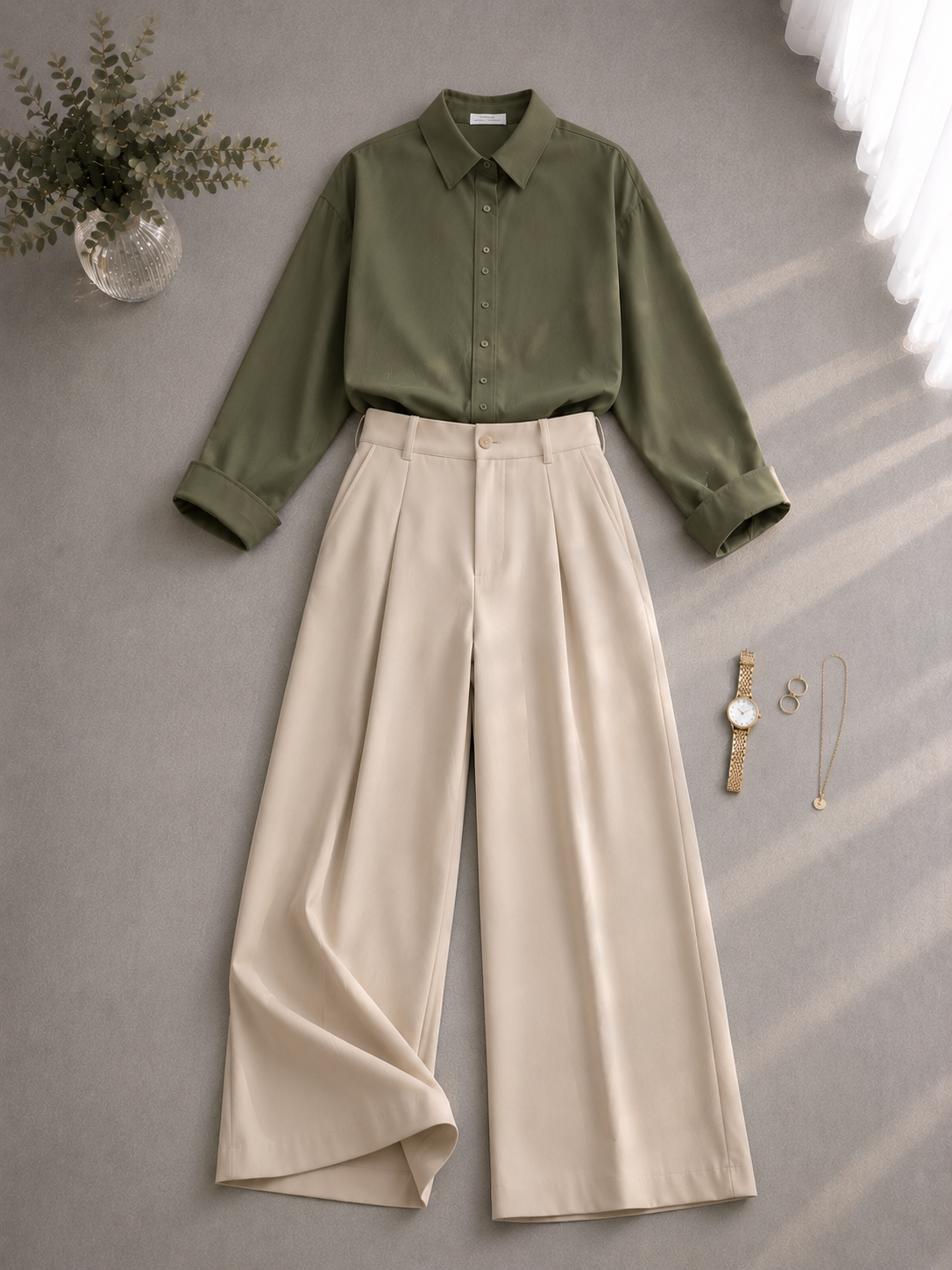 Olive Green Button Down Shirt & Beige Formal Pants