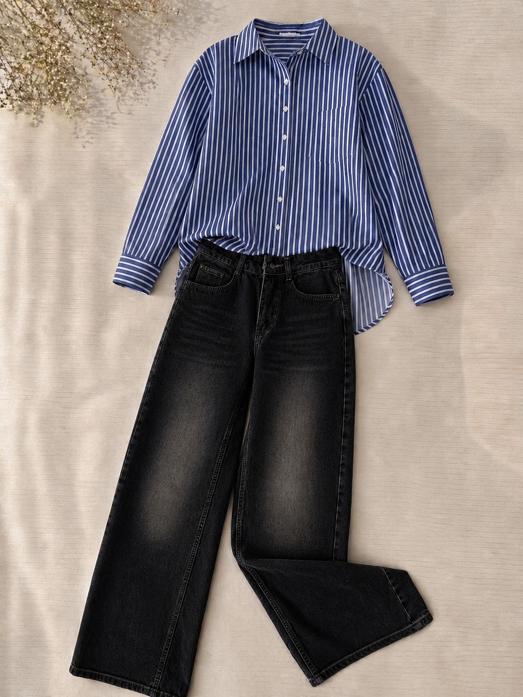 Blue Stripe Button-Down Shirt & Greyish Black Vintage Wide Leg Jeans