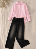 Baby-Pink Stripe Button-Down Shirt & Greyish Vintage Wide Leg Jeans