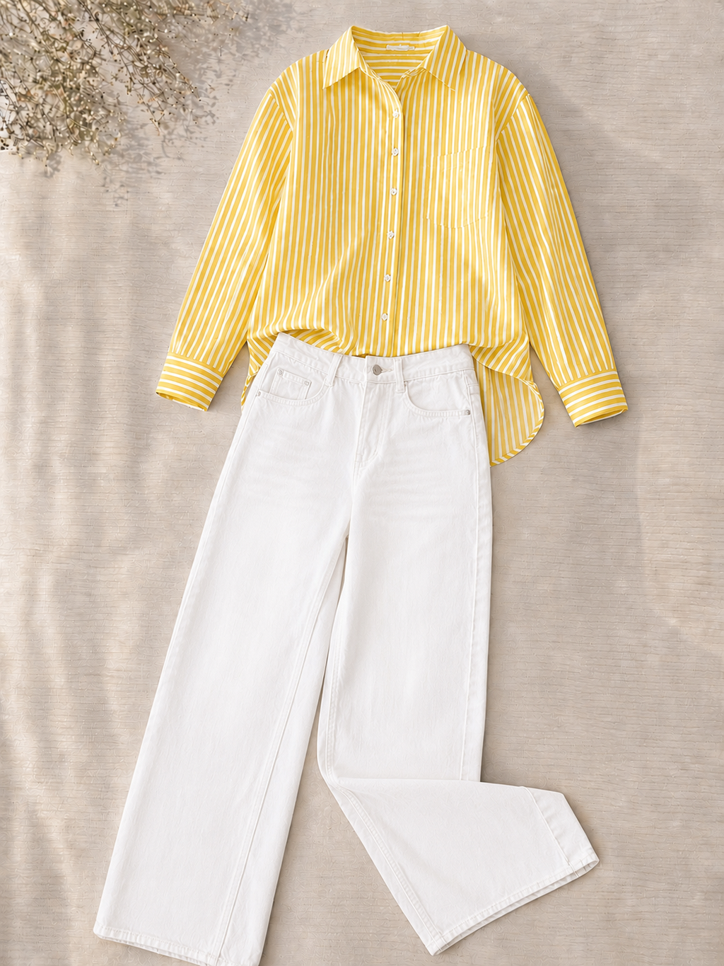 Yellow Stripe Button-Down Shirt & White Vintage Wide Leg Jeans