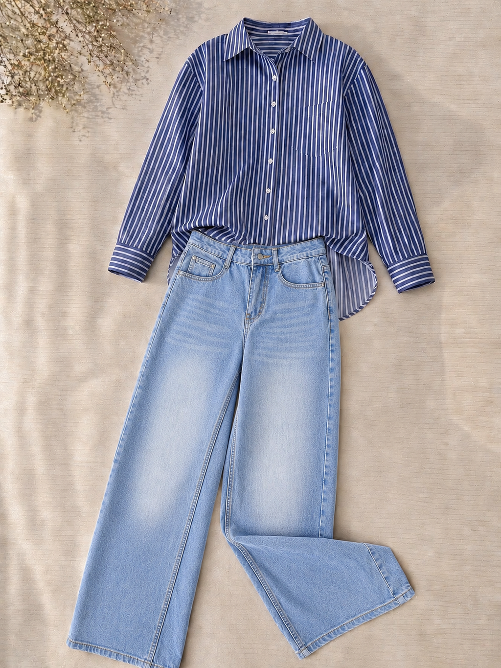 Blue Stripe Button-Down Shirt & Ice-Blue Vintage Wide Leg Jeans