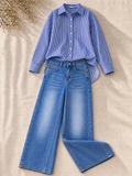 Blue Stripe Button-Down Shirt & Mid-Blue Vintage Wide Leg Jeans
