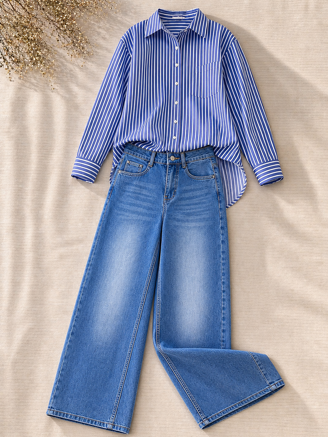 Blue Stripe Button-Down Shirt & Mid-Blue Vintage Wide Leg Jeans