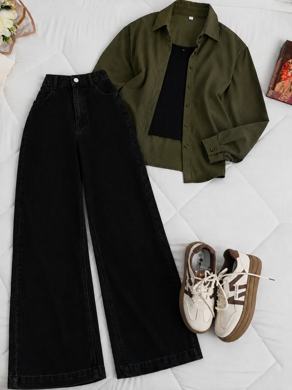 Olive-Green Button-Down Shirt With Black Tank Top & Black Wide Leg Jeans