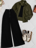 Olive-Green Button-Down Shirt With Black Tank Top & Black Wide Leg Jeans