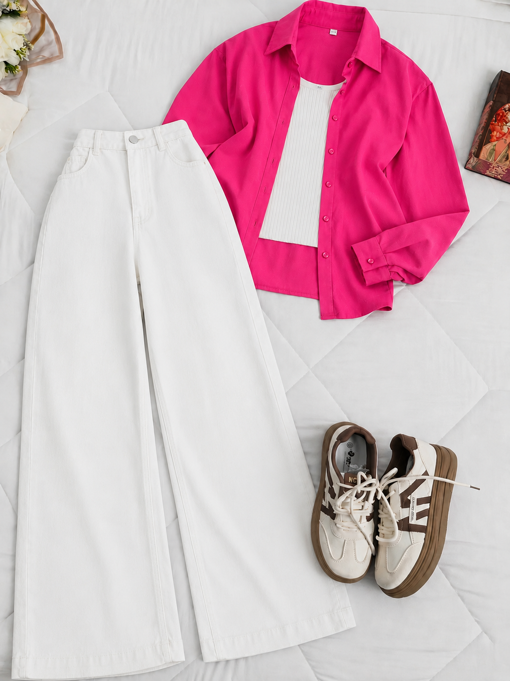 Hot-Pink Button-Down Shirt With White Tank Top & White Wide Leg Jeans