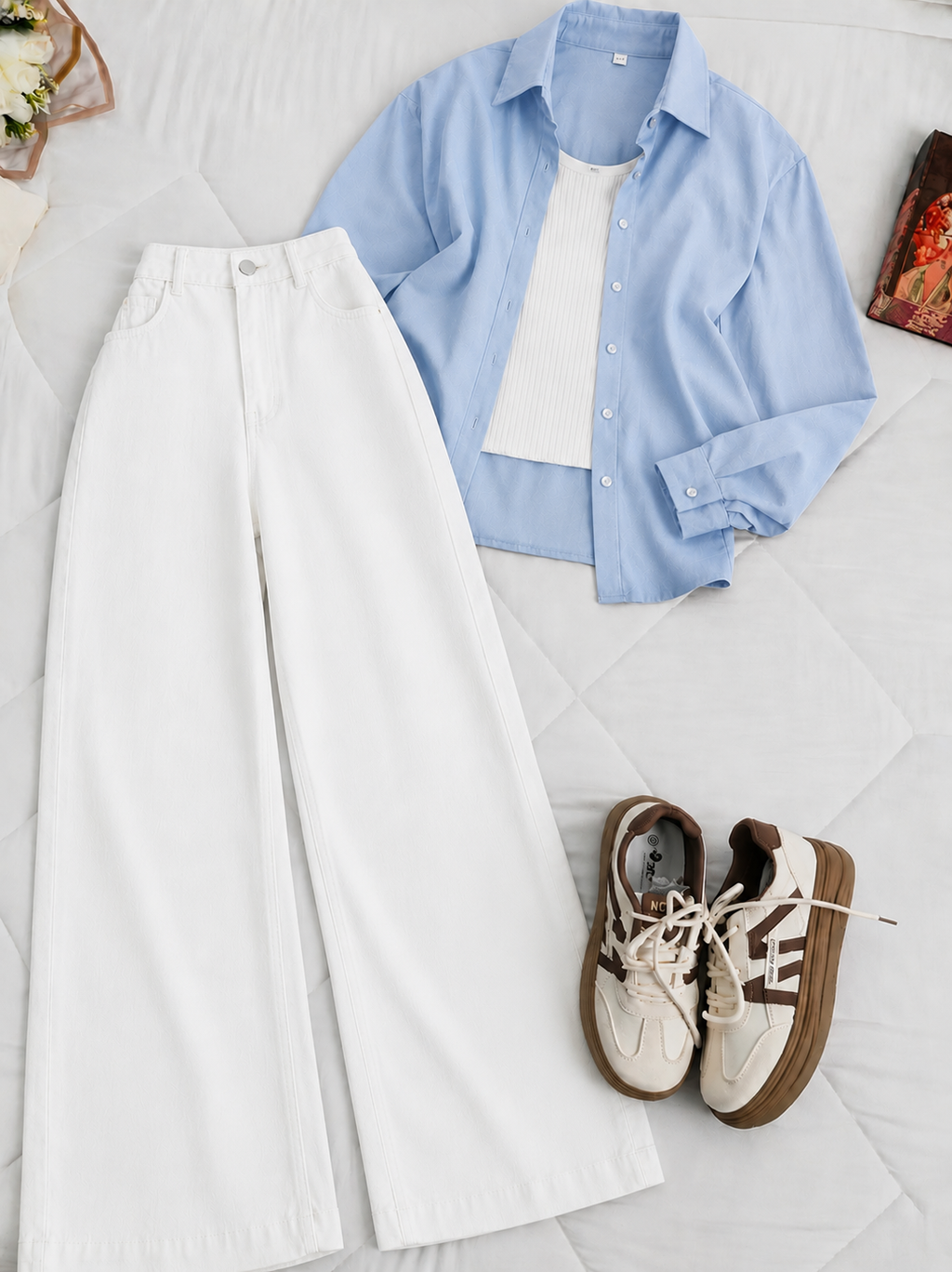Sky-Blue Button-Down Shirt With White Tank Top & White Wide Leg Jeans