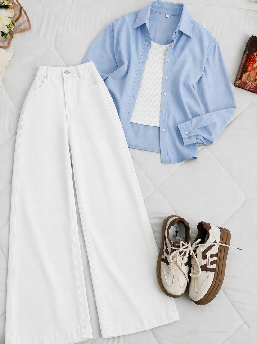 Sky-Blue Button-Down Shirt With White Tank Top & White Wide Leg Jeans