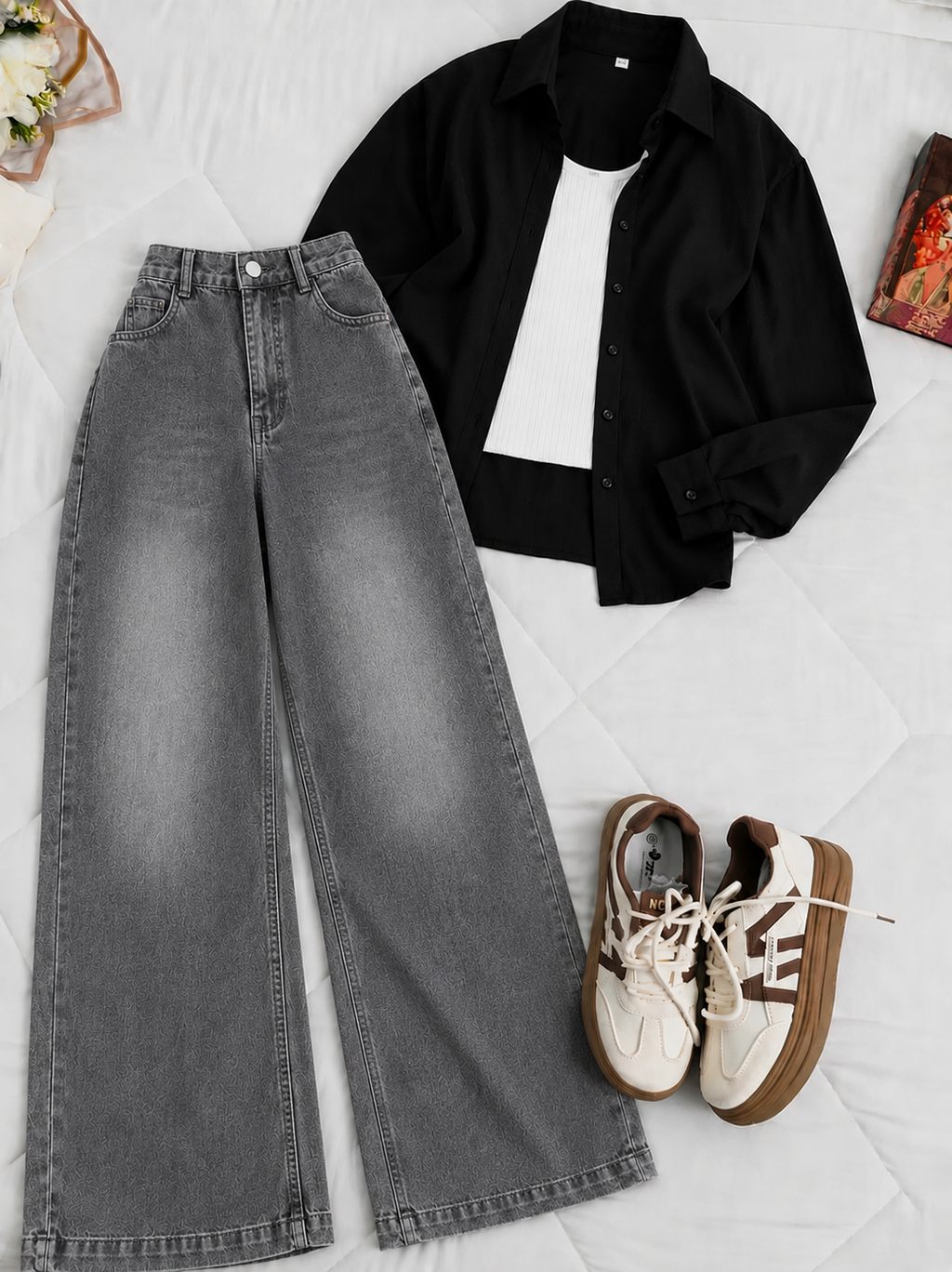 Black Button-Down Shirt White Tank Top & Grey Vintage Wide Leg Jeans